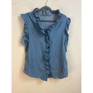 Women Denim Western Chambray Blue Blouse Ruffle Detail Sleeveless Sz XL Coastal